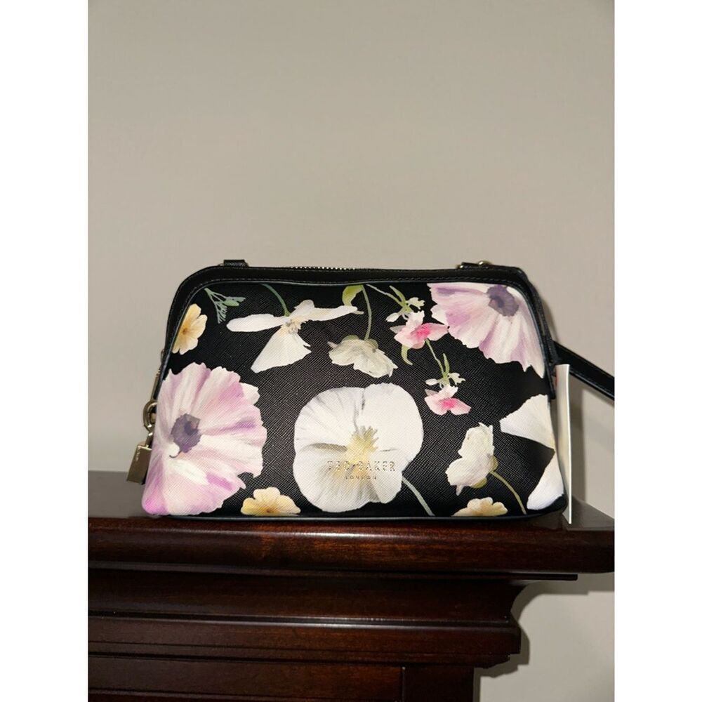 Ted Baker Black Floral Faux Leather Gold Tone Logo Textured Strap Bag